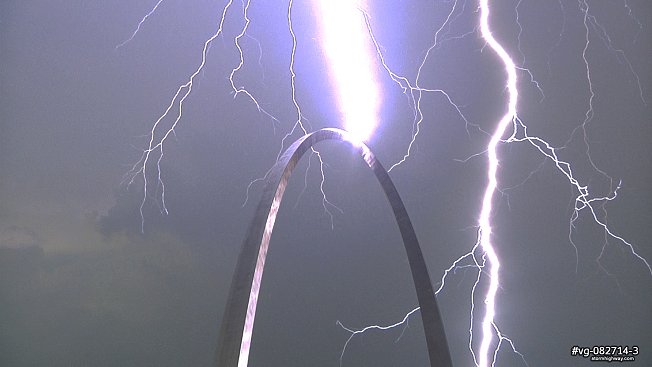 Lightning strikes the Gateway Arch twice in St. Louis, MO during a storm on August 27, 2014
